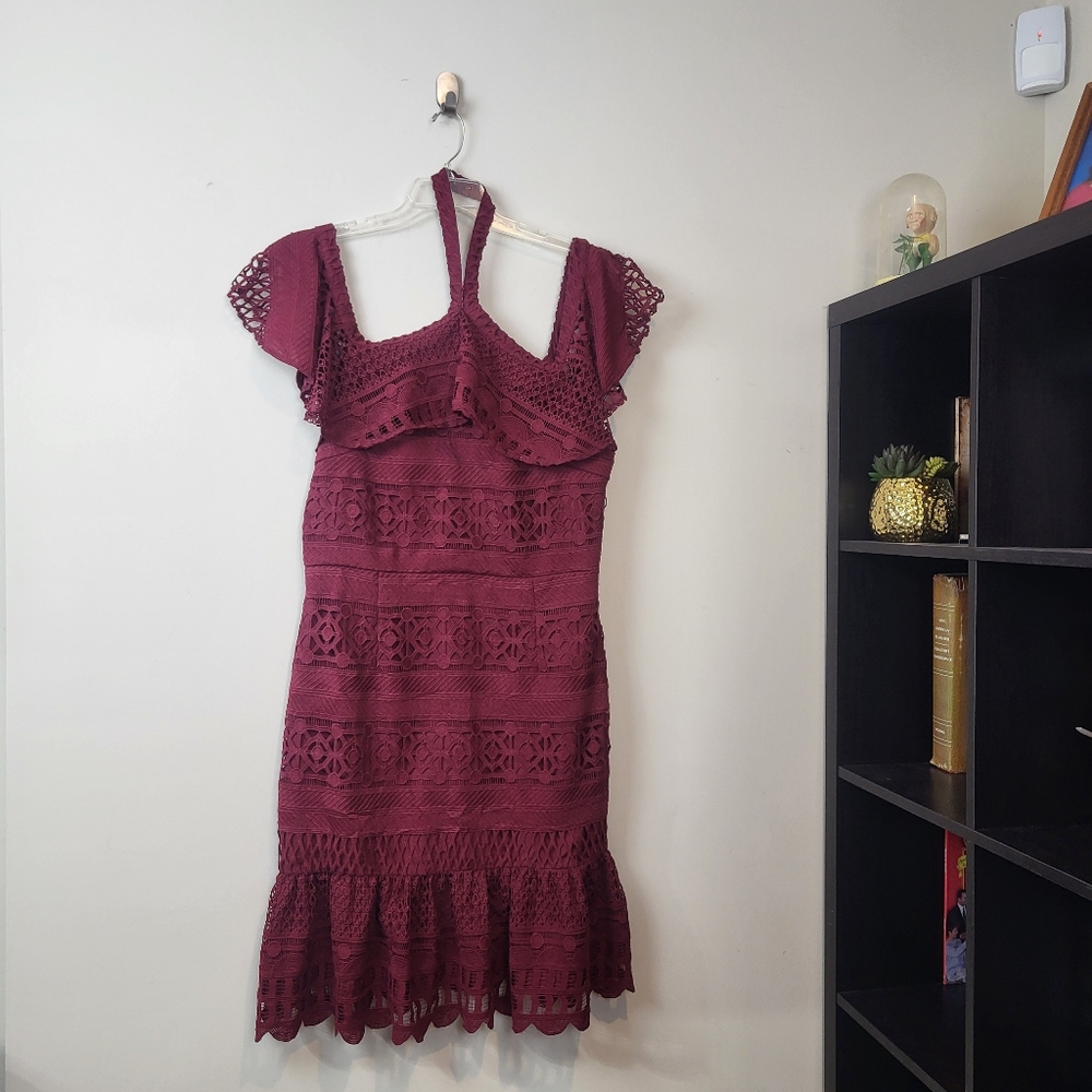 TRISH SCULLY Burgundy Aurora Off the Shoulder Choker Lace Midi Dress - Plus Size
